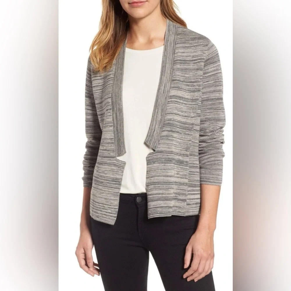 Eileen Fisher Notch Collar Cardigan Maple Oat‎ Open Front Grey Classic Work - Picture 6 of 12